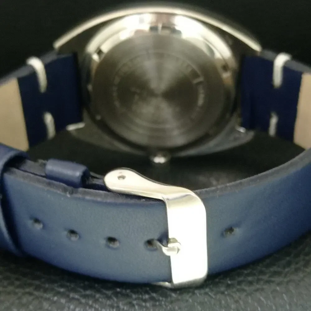 Vintage 1980 Citizen Manual Wound Mens Silver Watch & Blue accents